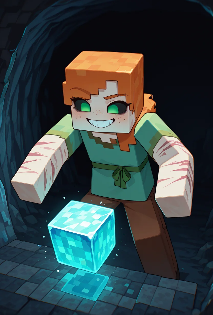 <lora:alexmc-05:1> alexmc, orange hair, 1girl, solo, green eyes, long green shirt, brown pants, short sleeves, freckles, square arms, square body, green waist ribbon, minecraft world, inside a cave, no pupils, light blue crystals coming out of walls, cubes, evil grin, dark scene, no light, scars, injury, pure white sclera, no eyes, no pupils, embedded light blue crystals, dynamic pose, glowing white sclera, without pupils, masterpiece, best quality, amazing quality, very aesthetic, absurdres, newest,