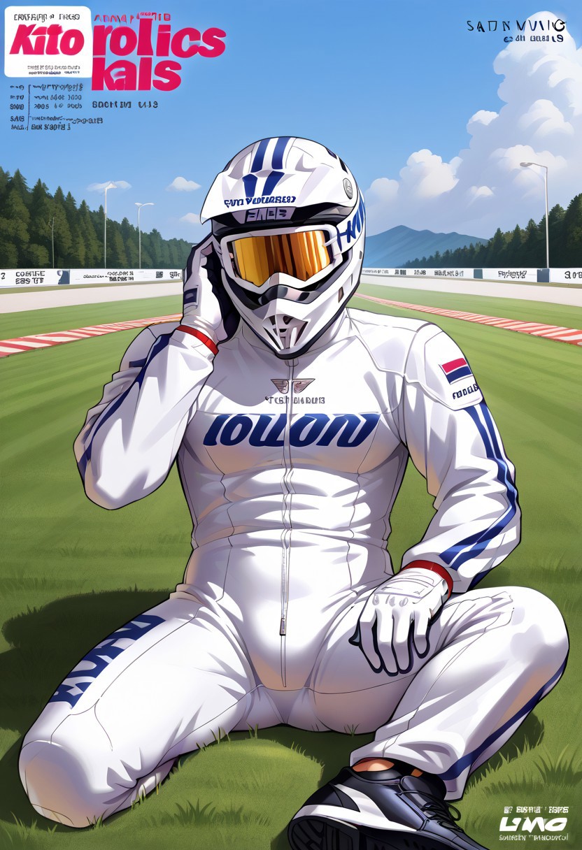 (Aaaild, Aaadjd, manga cover, magazine cover, text) source_anime,  perfect anatomy, perfect proportions, best quality, masterpiece, high_resolution, high quality, solo focus, male focus, male only, bara, gay, homo, mature, masculine, manly, virile, macho, hunky, rugged, beefy, middle-age, daddy, dilf, handsome, alluring, seductive, heroic, serious, grim, stern, unsociability, bluntness, gruffness, BREAK (faceless, eyeless, white dirt bike helmet, looking at viewer, white bodysuit, white racing gloves, Motorsport bodysuit, alpine racing suit, full bodysuit, skin covered, bodysuit, long sleeves, black sneaker), BREAK sitting on grass ground, lying on back, relaxed pose, leaning slightly, one knee bent upward, legs spread, hand supporting head, contemplative expression, horny, kinky, domination, shading, countershading, outdoors, bright atmosphere, racing Motorcycle track background, scenery, asphalt