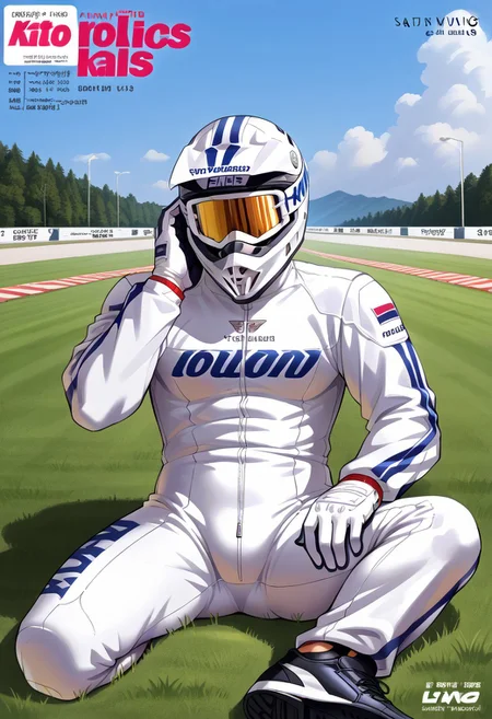 (Aaaild, Aaadjd, manga cover, magazine cover, text) source_anime, perfect anatomy, perfect proportions, best quality, masterpiece, high_resolution, high quality, solo focus, male focus, male only, bara, gay, homo, mature, masculine, manly, virile, macho, hunky, rugged, beefy, middle-age, daddy, dilf, handsome, alluring, seductive, heroic, serious, grim, stern, unsociability, bluntness, gruffness, BREAK (faceless, eyeless, white dirt bike helmet, looking at viewer, white bodysuit, white racing gloves, Motorsport bodysuit, alpine racing suit, full bodysuit, skin covered, bodysuit, long sleeves, black sneaker), BREAK sitting on grass ground, lying on back, relaxed pose, leaning slightly, one knee bent upward, legs spread, hand supporting head, contemplative expression, horny, kinky, domination, shading, countershading, outdoors, bright atmosphere, racing Motorcycle track background, scenery, asphalt