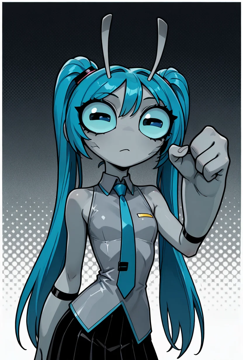 dynamic pose, <lora:greymatter-09:1.2> greymatter, solo, 1girl, grey shirt, sleeveless, black skirt, blue tie, miku cosplay, grey skin, small body, big hands, blue sclera , big blue eyes, big head, short, grey antennae, long hair, twin tails, blue hair, bangs,, masterpiece, best quality, amazing quality, very aesthetic, absurdres, newest,, upper body, halftone effect, white borders, abstract background:1.2,