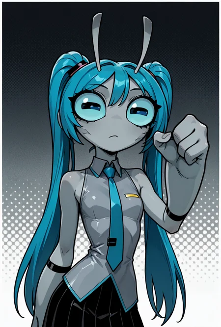 dynamic pose,    <lora:greymatter-09:1.2> greymatter, solo, 1girl, grey shirt, sleeveless, black skirt, blue tie, miku cosplay, grey skin, small body, big hands, blue sclera , big blue eyes, big head, short, grey antennae, long hair, twin tails, blue hair, bangs,, masterpiece, best quality, amazing quality, very aesthetic, absurdres, newest,, upper body, halftone effect, white borders, abstract background:1.2,