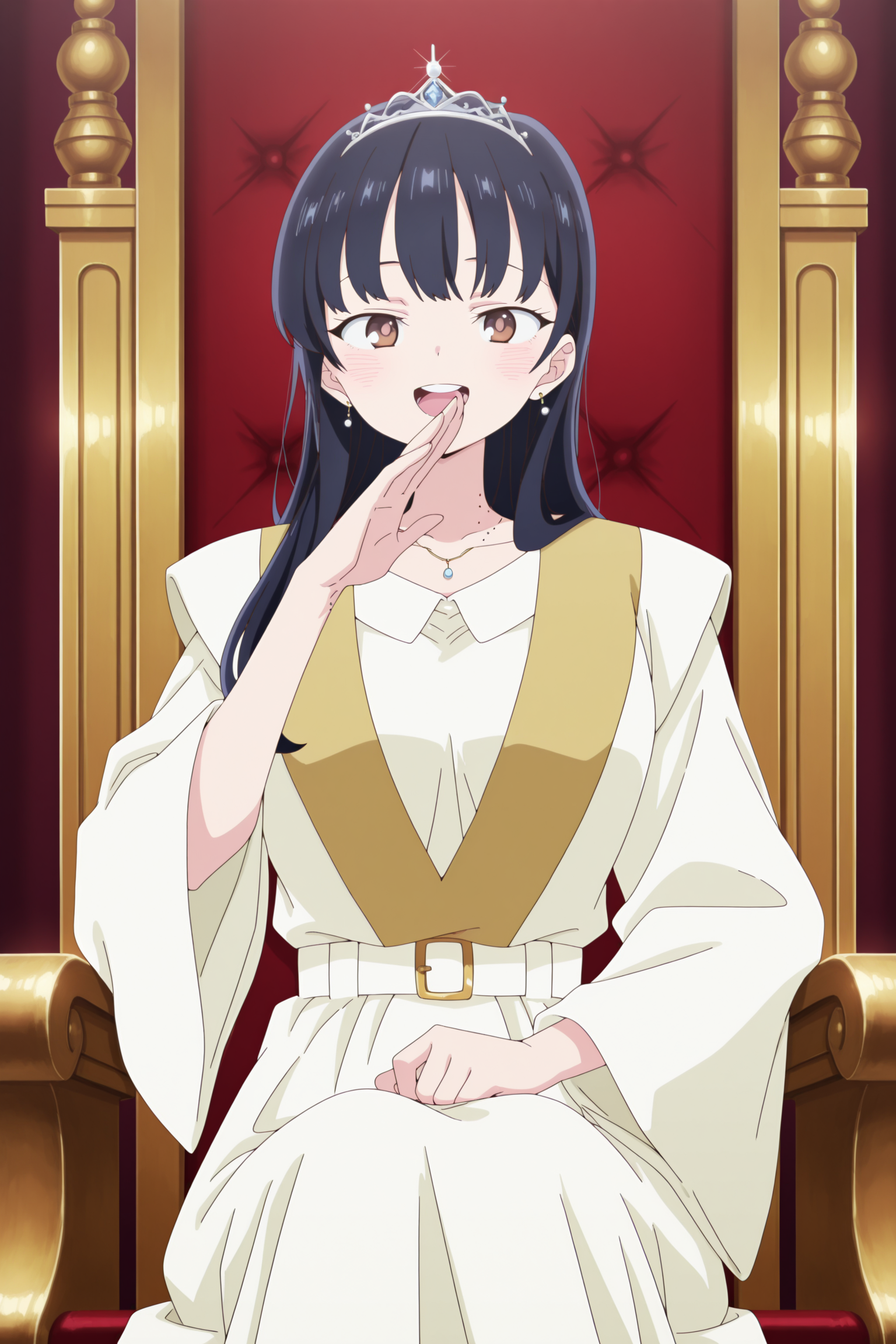anime screencap, anime coloring, perfect quality, masterpiece,
 <lora:Anna_Yamada_The_Dangers_in_My_Heart_-_Illustrious_V2:.9>,
in a throne room, girl sitting on a throne,
1girl, yamada anna, solo, long hair,  black hair, brown eyes, wearing clothes a queen would wear, jewelry, tiara, diamonds, fancy queen robe,
cowboy shot, looking at viewer, mouth open, teeth on top row, smile, moles on neck ,
<lora:ojou-samapose_Illust_v1:.7>giggling, ojou-sama pose