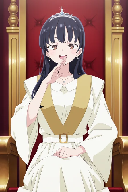 anime screencap, anime coloring, perfect quality, masterpiece,
 <lora:Anna_Yamada_The_Dangers_in_My_Heart_-_Illustrious_V2:.9>,
in a throne room, girl sitting on a throne,
1girl, yamada anna, solo, long hair,  black hair, brown eyes, wearing clothes a queen would wear, jewelry, tiara, diamonds, fancy queen robe,
cowboy shot, looking at viewer, mouth open, teeth on top row, smile, moles on neck ,
<lora:ojou-samapose_Illust_v1:.7>giggling, ojou-sama pose