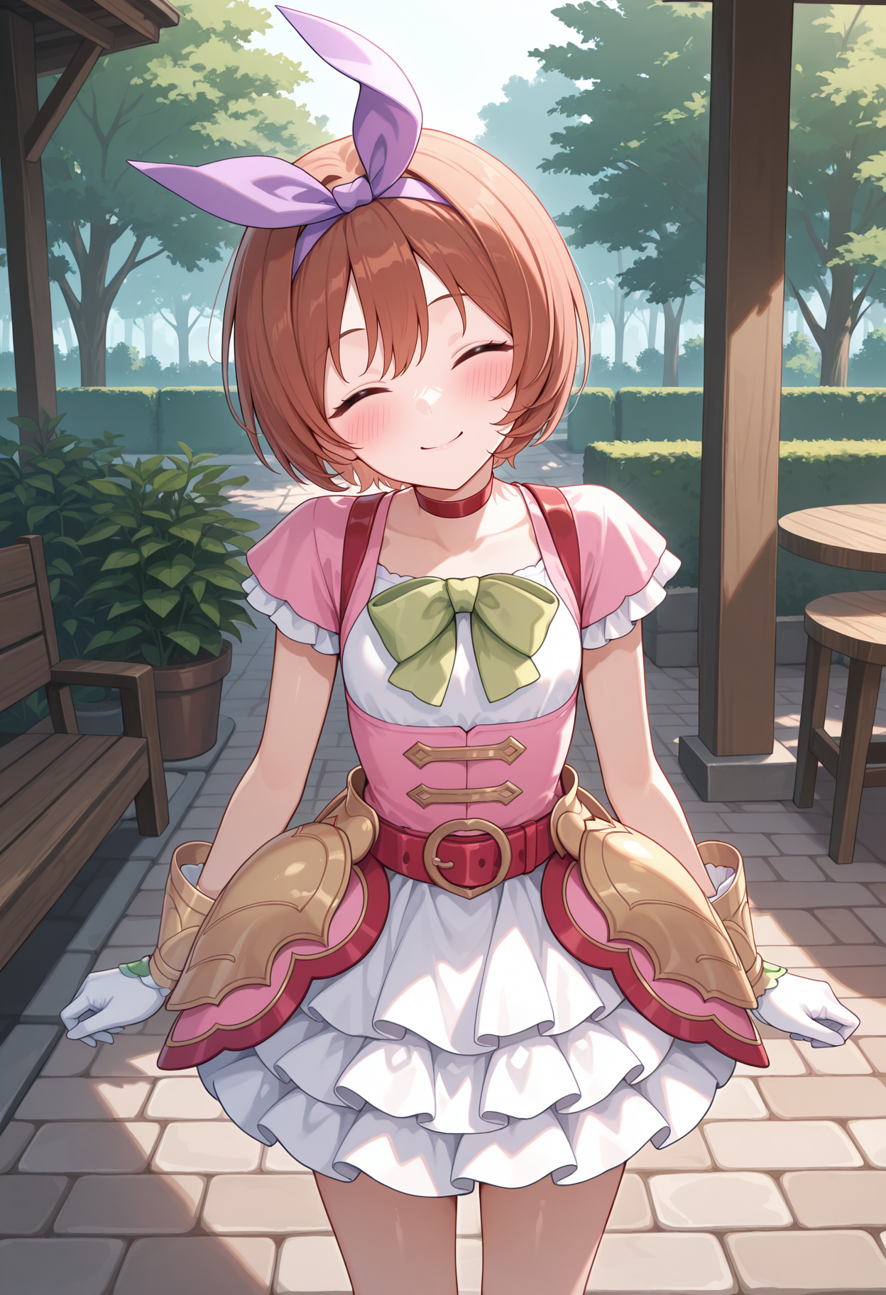highres, best quality, masterpiece, backyard, 
1girl, solo, pcrkrmi, short hair, brown hair, hairband, hair ribbon,
pkrmdef, purple ribbon, short sleeves, pink dress, white shirt, green bowtie, red choker, red belt, hip armor, white gloves, white skirt, layered skirt,
looking at viewer, blush, smile,
standing, legs apart, arms at sides, head tilt, closed eyes, 
<lora:_kurumi_pcr-elesico-ilxl:1>