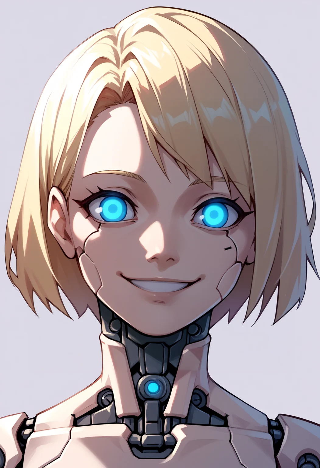 score_9, score_8_up, score_7_up, score_6_up, score_5_up, score_4_up, BREAK,
1girl, blonde hair, short hair, cyborg, robotskin, blue eyes, (glowing eyes:0.5), robot joints,
upper body, smile, looking at viewer, solo, simple background, white background <lora:RobotSkinXL:1>