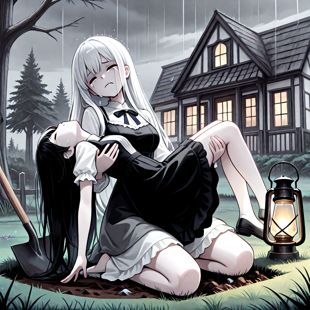 absurdres, explicit, grave digging, hand on ground, princess carry, 2girls, sleeping, carrying, crying, tears, sad, breasts, closed eyes, closed mouth, pale skin, long hair, black hair, white hair, gothic dress, bangs, tree, grass, death, corpse, victorian, house, building, oil lamp, lantern, shovel, fog, smog, grey sky, seiza, head tilt, rain, water drop, shouting, from below, low angle, biting own lip, ((leaning back)), <lora:girlhategravedigging_ilxl:0.8>