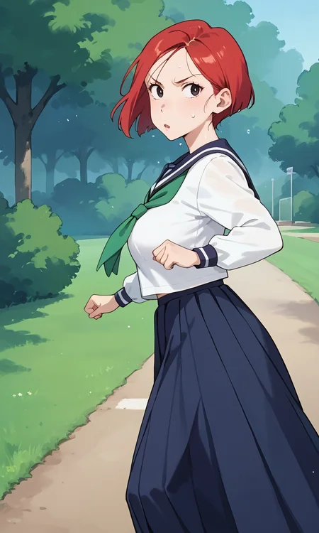 (1girl:1.5), (solo:1.3), (score_9, score_8_up, score_7_up, score_6_up, score_5_up, score_4_up), (source_anime), rating_questionable, looking at viewer, (cowboy shot:1.3), outdoors, park,
<lora:black-lizard_v2:0.8> (black-lizard), (frown, open mouth:1.5), (black eyes, eyelashes, red hair, short hair, parted bangs, lips), (school uniform, serafuku, white shirt, long sleeves, blue sailor collar, blue long skirt, green neckerchief), (large breasts),
(running:1.5), (looking away:1.3), (sweat:1.3), (from side:1.3)