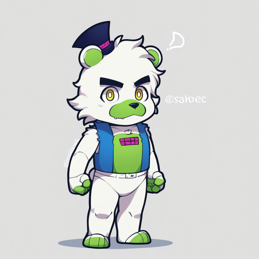 source_anime, colorful, score_9, score_8_up, score_8, (masterpiece), BREAK, 1boy,  chibi, <lora:saucebear_ponyxl-10:1.4>  (saucebear), blue hat, bear ears, yellow eyes, white fur, green chest, blue vest. simple background,  <lora:add-detail-xl:1.0>