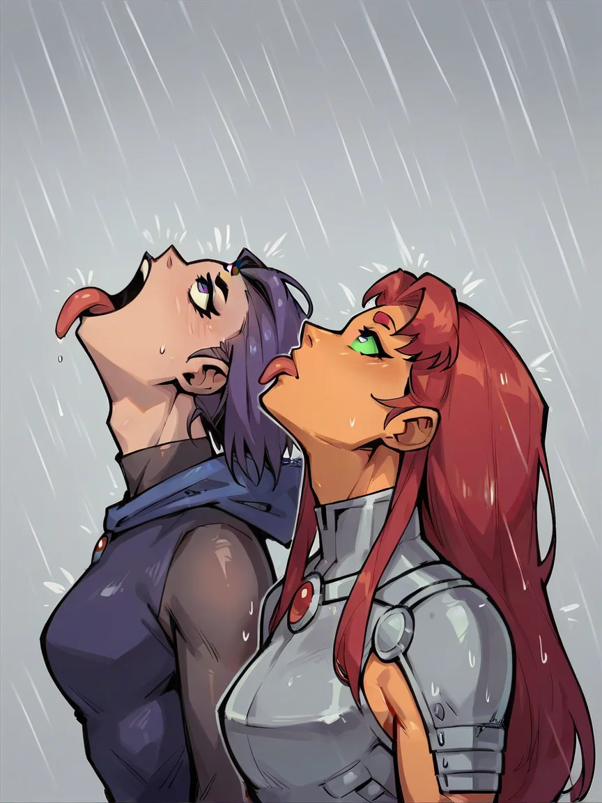 score_9, score_8_up, score_7_up, score_6_up, score_5_up, <lora:VIRmemeXLP:0.6> vir, rain, looking up, 2girls, tongue out, starfire, raven