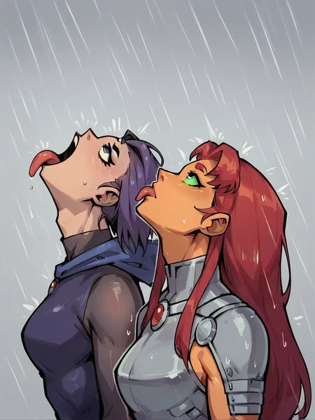 score_9, score_8_up, score_7_up, score_6_up, score_5_up, <lora:VIRmemeXLP:0.6> vir, rain, looking up, 2girls, tongue out, starfire, raven