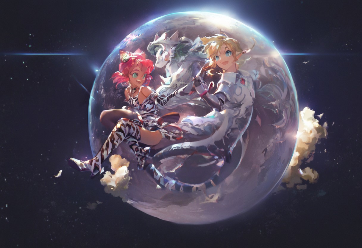 score_9, score_8_up, score_7_up, score_6_up, Masterpiece, source_anime screenshot, duo, 1 girl, 1 boy, vivid colors, high-res, beautiful aesthetic, very intricate, high-quality details, vibrant, highly detailed, award-winning, professional, <lora:pink-ponyxl-v2:1>, <lora:pink-ponyxl-v2:1>, single fang showing, white tiger print full body suit, white cat ears, cat bell necklace, bright pink hair, tanned, white tiger tail, red sash, small breasts, leather shin high boots, detailed eyes, green eyes, detailed face, BREAK score_9, score_8_up, score_7_up, score_6_up, Masterpiece, source_anime, official artstyle, 1 girl, 1 boy, vivid colors, anime style, high-res, beautiful aesthetic, very intricate, high-quality details, vibrant, highly detailed, award-winning, professional, <lora:link:1> link1, link, soft smile, pointy ears, blonde hair, blue eyes, medium hair, side locks, earrings, short ponytail, blue hylian body suit
Break
 In space, black background with lots of stars, pink and link wearing space helmets, wearing space helmets, space helmets on heads, floating in space together, holding hands, in full body suits, swimming