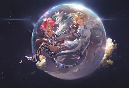 score_9, score_8_up, score_7_up, score_6_up, Masterpiece, source_anime screenshot, duo, 1 girl, 1 boy, vivid colors, high-res, beautiful aesthetic, very intricate, high-quality details, vibrant, highly detailed, award-winning, professional, <lora:pink-ponyxl-v2:1>, <lora:pink-ponyxl-v2:1>, single fang showing, white tiger print full body suit, white cat ears, cat bell necklace, bright pink hair, tanned, white tiger tail, red sash, small breasts, leather shin high boots, detailed eyes, green eyes, detailed face, BREAK score_9, score_8_up, score_7_up, score_6_up, Masterpiece, source_anime, official artstyle, 1 girl, 1 boy, vivid colors, anime style, high-res, beautiful aesthetic, very intricate, high-quality details, vibrant, highly detailed, award-winning, professional, <lora:link:1> link1, link, soft smile, pointy ears, blonde hair, blue eyes, medium hair, side locks, earrings, short ponytail, blue hylian body suit
Break
In space, black background with lots of stars, pink and link wearing space helmets, wearing space helmets, space helmets on heads, floating in space together, holding hands, in full body suits, swimming