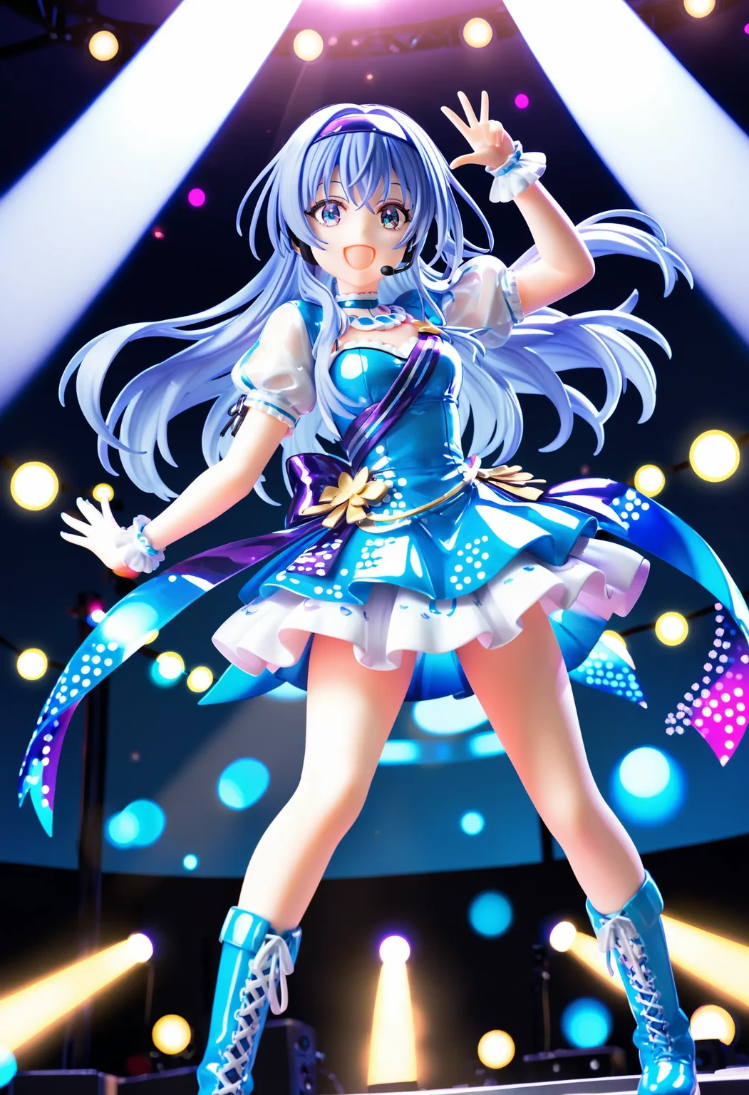 h_suzuki, score_9, best quality,
1girl, solo, long hair, smile, hairband, bangs, open mouth, blue hair, hair between eyes, blue eyes
glowstick, lights, bare arms, multicolored dress, boots, concert, detached sleeves, dress, idol, idol clothes, indoors, posing on stage, puffy detached sleeves, puffy short sleeves, puffy sleeves, short sleeves, solo focus, spotlight, idol concert, looking at viewer, headset, colorfull stage, stage lights, pillar, neon
<lora:h_suzukiXL_pony:1>