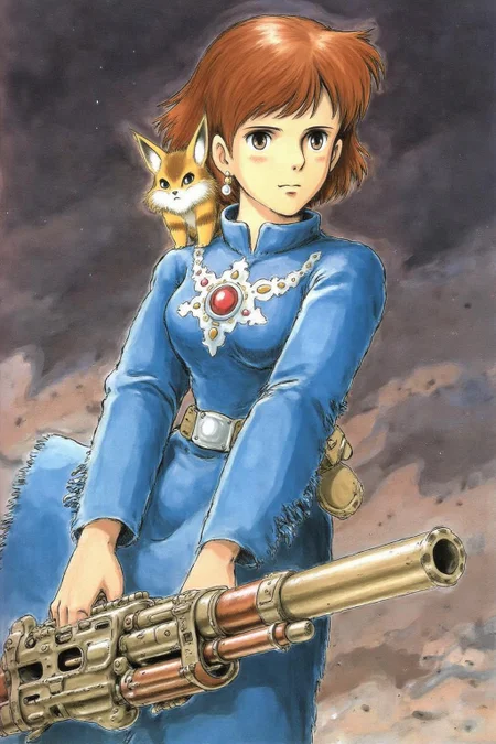 miyaha1 manga illustration
A young woman with a determined expression. She has short, brown hair with bangs and large, expressive brown eyes. She is wearing a blue, long-sleeved, high-collared dress with intricate white patterns on the chest, giving it a slightly medieval or fantasy-inspired look. She is carrying a machine gun with both hands. There is a furry fox squirrel sitting on her shoulder. <lora:miyaha1_cap_d6a3e12:1.0><lora:818061953000882474:0>
