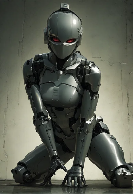 1girl, half_woman, half_mechanoid, half_robotic, photorealistic, analog photo, metallic textures, human textures, reflective surfaces, high-contrast shadows, deep blacks,low-key lighting, dramatic pose, sharp focus on her face, eerie atmosphere,