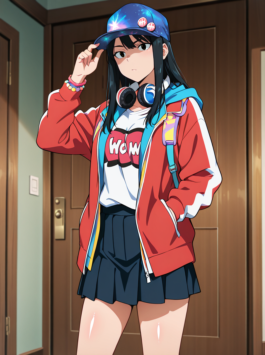 masterpiece, best quality, amazing quality, very aesthetic, absurdres, newest,shiny skin  anime screenshot,  anime coloring,  <lora:SaibaNicoILL:1>saibanico, 1girl, solo, black hair, jacket, hat, headphones, long hair, headphones around neck, skirt, baseball cap, shirt