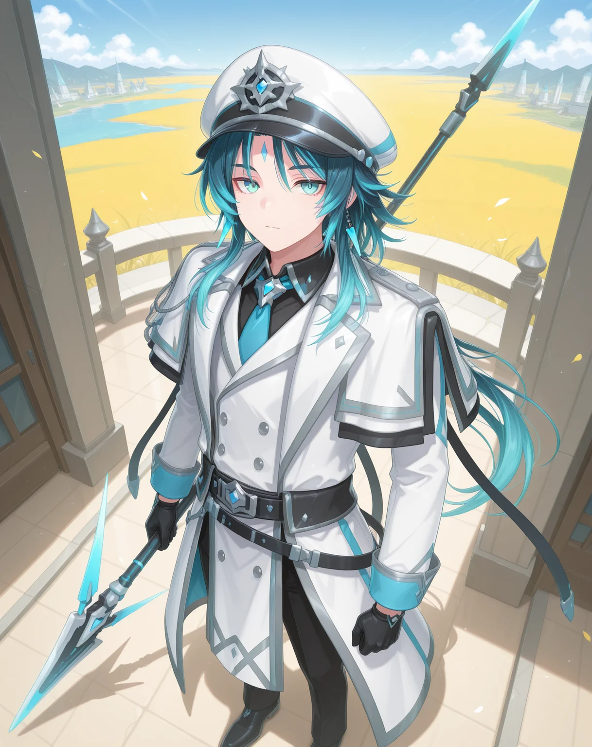 masterpiece, amazing quality, best quality, absurdres, very aesthetic,
1boy, solo, yaoi, male focus, full body, from above, standing, looking at viewer, face focus,
<lora:Nepteon_Blue_Abyss_ilxl:1> nepteonba, aqua hair, streaked hair, blue hair, multicolored hair, forehead mark, facial mark, aqua eyes, sidelocks,
white coat, black gloves, black pants, blue necktie, blue sash, black shirt, hat, long sleeves, peaked cap, black belt,white headwear, collared shirt, white capelet, double-breasted, buttons, sleeve cuffs, lapels, open coat, jewelry, white jacket, black necktie, black sash, black footwear, shoes,
holding polearm, holding weapon,spear, floating weapon,
outdoors, day, blue sky,