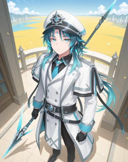masterpiece, amazing quality, best quality, absurdres, very aesthetic,
1boy, solo, yaoi, male focus, full body, from above, standing, looking at viewer, face focus,
<lora:Nepteon_Blue_Abyss_ilxl:1> nepteonba, aqua hair, streaked hair, blue hair, multicolored hair, forehead mark, facial mark, aqua eyes, sidelocks,
white coat, black gloves, black pants, blue necktie, blue sash, black shirt, hat, long sleeves, peaked cap, black belt,white headwear, collared shirt, white capelet, double-breasted, buttons, sleeve cuffs, lapels, open coat, jewelry, white jacket, black necktie, black sash, black footwear, shoes,
holding polearm, holding weapon,spear, floating weapon,
outdoors, day, blue sky,