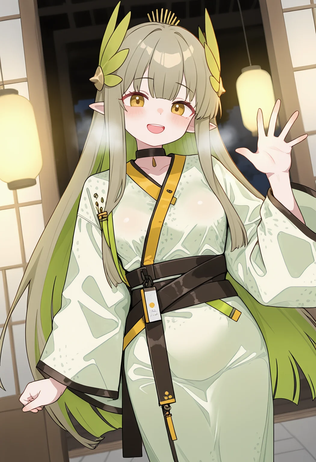 ,muelsyse \(arknights\), 1girl, solo, long hair, breasts, looking at viewer, blush, smile, open mouth, brown hair, long sleeves, hair ornament, very long hair, yellow eyes, multicolored hair, sidelocks, :d, outdoors, cowboy shot, teeth, green hair, japanese clothes, choker, pointy ears, hand up, blunt bangs, wide sleeves, kimono, mole, mole under eye, sash, upper teeth only, black choker, obi, light brown hair, elf, colored inner hair, breath, white kimono, lantern, yukata, waving, architecture, sliding doors, east asian architecture, shouji, black sash,<lora:TestTestTest!\Lk149_Style_NBV1.safetensors:0.95:0.95>,,masterpiece,best quality,newest,absurdres,highres,very awa,detail background <lora:None:0.4000000000000001>