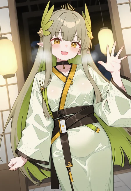 ,muelsyse \(arknights\), 1girl, solo, long hair, breasts, looking at viewer, blush, smile, open mouth, brown hair, long sleeves, hair ornament, very long hair, yellow eyes, multicolored hair, sidelocks, :d, outdoors, cowboy shot, teeth, green hair, japanese clothes, choker, pointy ears, hand up, blunt bangs, wide sleeves, kimono, mole, mole under eye, sash, upper teeth only, black choker, obi, light brown hair, elf, colored inner hair, breath, white kimono, lantern, yukata, waving, architecture, sliding doors, east asian architecture, shouji, black sash,<lora:TestTestTest!\Lk149_Style_NBV1.safetensors:0.95:0.95>,,masterpiece,best quality,newest,absurdres,highres,very awa,detail background <lora:None:0.4000000000000001>
