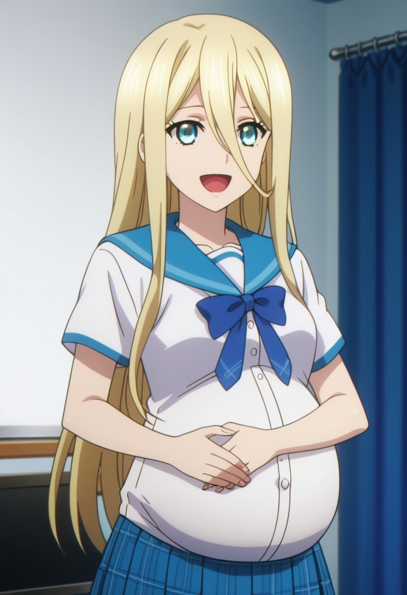 best quality, masterpiece, 4k, perfect lighting, very aesthetic, anime, anime coloring, official art, anime screencap,
OverallDetail, fFaceDetail, 
bedroom, happy, pregnant belly, hand on belly,
Avrora, blonde hair, school uniform, white shirt, long hair,
<lora:Pregnant Bump:1>