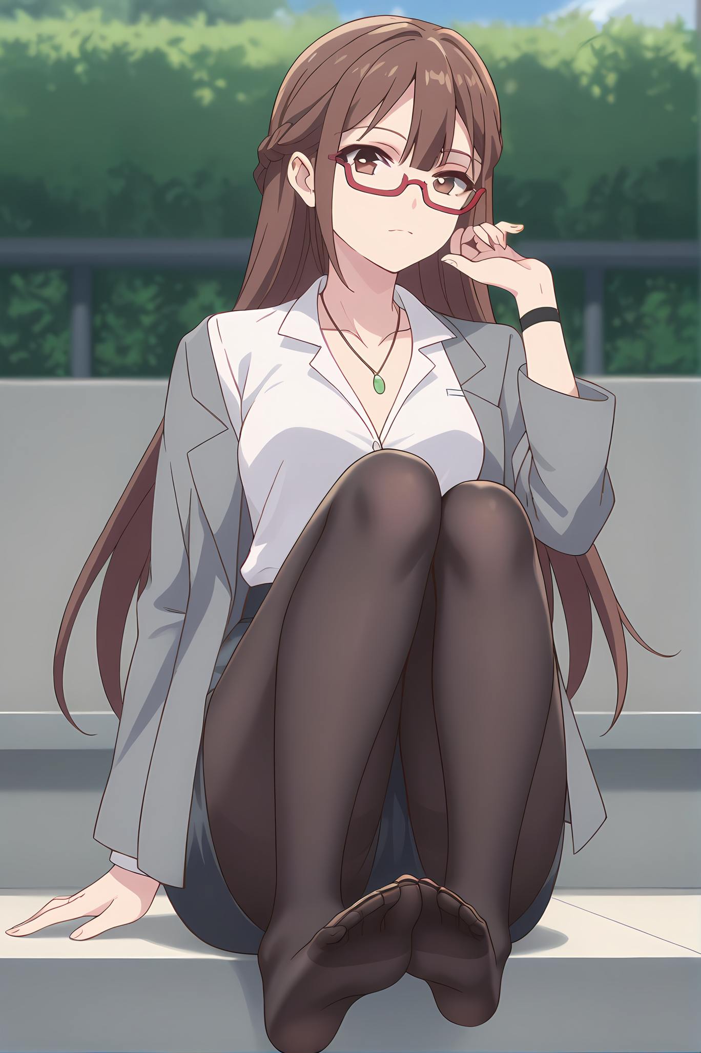 (grey jacket white shirt pencil skirt black pantyhose foot worship:1.30), gg-miranda, necklace, brown hair, brown eyes, red glasses, medium breasts, 1girl, solo, skinny, score_9, score_8_up, score_8, score_7_up, score_7, score_6_up, score_6, score_5_up, score_5, source_anime, lewd, outdoors, (:1.20), (:1.20), , <lora:gg-miranda-V01-000003:0.80>
