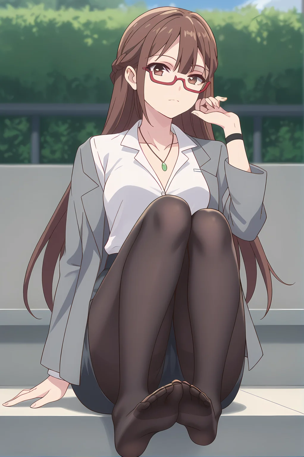 (grey jacket white shirt pencil skirt black pantyhose foot worship:1.30), gg-miranda, necklace, brown hair, brown eyes, red glasses, medium breasts, 1girl, solo, skinny, score_9, score_8_up, score_8, score_7_up, score_7, score_6_up, score_6, score_5_up, score_5, source_anime, lewd, outdoors, (:1.20), (:1.20), , <lora:gg-miranda-V01-000003:0.80>