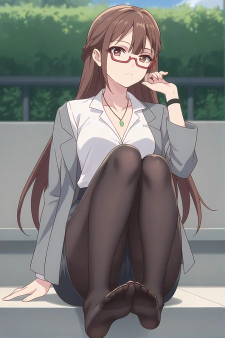 (grey jacket white shirt pencil skirt black pantyhose foot worship:1.30), gg-miranda, necklace, brown hair, brown eyes, red glasses, medium breasts, 1girl, solo, skinny, score_9, score_8_up, score_8, score_7_up, score_7, score_6_up, score_6, score_5_up, score_5, source_anime, lewd, outdoors, (:1.20), (:1.20), , <lora:gg-miranda-V01-000003:0.80>
