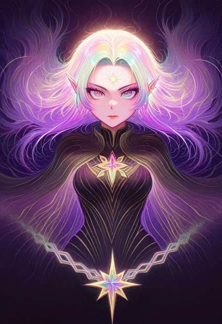 masterpiece, best quality, amazing quality, very aesthetic, absurd res, intricate details, 4k, semi realistic, cartoon, fantasy, energy around, aura, dynamic pose, fighting stance, beautiful woman, multicolored hair, rainbow colors, divine, score_9, score_8_up, ral-czmcrnbw, <lora:AMarvelRivals_style:1>, marvelrivals. Solara is a radiant and ethereal warrior with voluminous, fluffy hair that cascades in wild waves, blending seamlessly into a vibrant mix of colors—fiery orange, golden yellow, deep magenta, and streaks of electric blue, violet, and emerald green. Her hair seems to glow faintly, shifting hues depending on the light around her, embodying the full spectrum of the rainbow.
Her skin has a soft, warm yellow hue. Bright white markings swirl across her forehead, cheeks, and the bridge of her nose, forming intricate, almost celestial patterns that glow subtly when she calls upon her power. Her ears are long and pointed, resembling those of an elf, adding to her otherworldly presence.
Her lips are a strikingly bright color—either a bold fuchsia or a radiant gold—standing out against her sun-kissed skin. Her piercing blue eyes shimmer with inner brilliance, reflecting the vast spectrum of light she wields.
She wears sleek, form-fitting black armor with golden accents, exuding both elegance and strength. A flowing black cape billows behind her, its edges constantly shifting in prismatic hues, mirroring her light-wielding abilities.
Solara commands the full power of the rainbow. She is capable of creating dazzling constructs, weaving beams of multicolored energy, and bathing battlefields in mesmerizing, shifting light. Her very presence seems to bring warmth and illumination, as though she carries a piece of the sun wherever she walks.