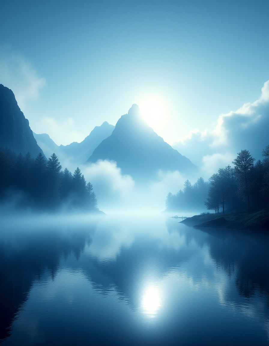 A serene landscape of a sparkling lake, gentle clouds drifting in a bright blue sky, majestic mountain peaks emerging from the mist, vibrant colors, reflective water surface, tranquil atmosphere, high detail. highly detailed and hyper realistic photo, by Alena Aenami , by Archibald Thorburn , by Daniele Afferni , in the style of  monochromatic silhouette reflection,  limited dark palette, unusual dark colors, faded colors, atmospheric haze, highly dramatic cinematic lighting, motion blur, film grain,  professional, excellent composition, finest details, maximized details, ultimate detail level, masterpiece, best quality <lora:ral-ertmsphr_flux:1> ral-ertmsphr