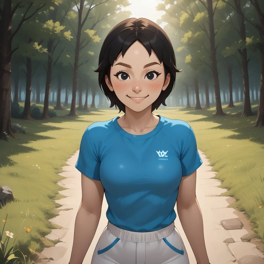 score_9, score_8, BREAK, solo, wii, mii, white skin, black hair, black eyes, brown eyebrows, blush, cyan clothing, white pants, shoes, breasts, 1girl, female mii, wii sports, cute, Rin_(Wii_Sports), nintendo mii, modern_mii, classic_mii, sexy pose, smile, outdoors, sunlight, shadows, evening lighting, natural lighting, forest, trees, grass, orange sky, sunset