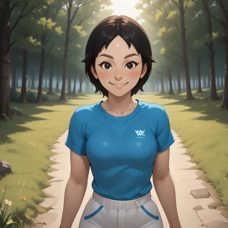 score_9, score_8, BREAK, solo, wii, mii, white skin, black hair, black eyes, brown eyebrows, blush, cyan clothing, white pants, shoes, breasts, 1girl, female mii, wii sports, cute, Rin_(Wii_Sports), nintendo mii, modern_mii, classic_mii, sexy pose, smile, outdoors, sunlight, shadows, evening lighting, natural lighting, forest, trees, grass, orange sky, sunset