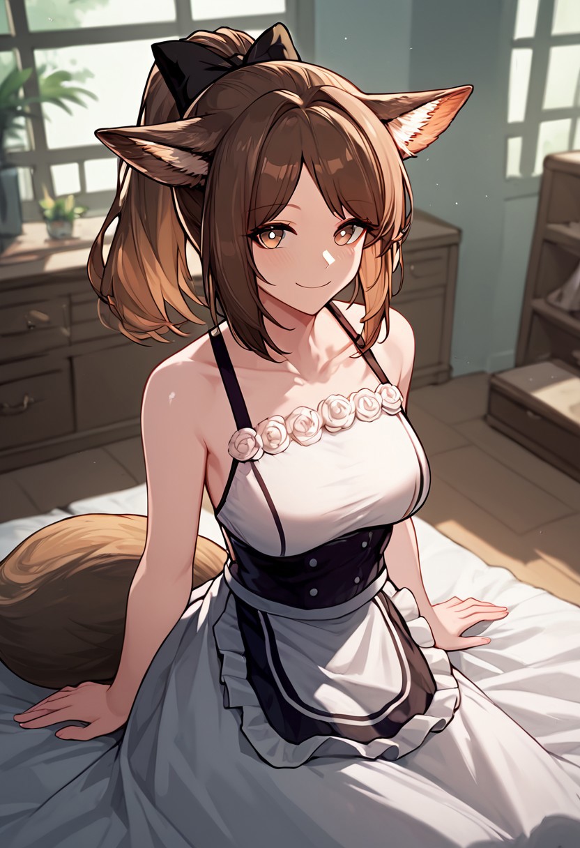 (score_9, score_8_up, score_7_up), perfumer, bare arms, bare shoulder, waist apron, arknights, animal ears, brown hair, ponytail, bow, hair bow, brown eyes, long hair, fox tail, cute expression, smile, in a room, japanese bedroom, sitting, look at viewer, 1girl, <lora:perfumer-akPO-v1c-000008:0.8>