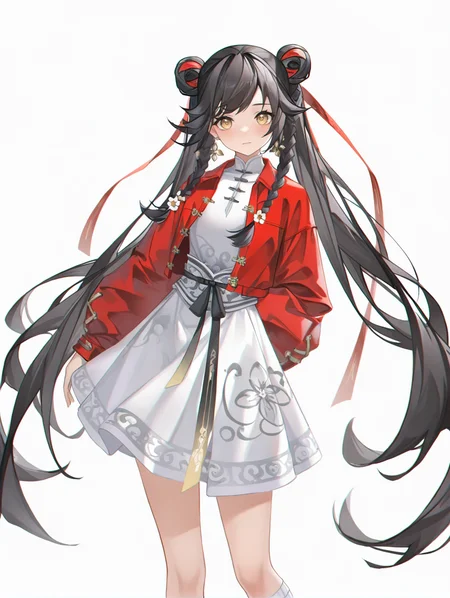 1girl,cowboy shot,hair flower,solo,xiaoguang,simple background,white background,,looking at viewer,white dress,jacket,full body,socks,<lora:xiaoguang-000015:0.9>, masterpiece, best quality, very aesthetic, absurdres