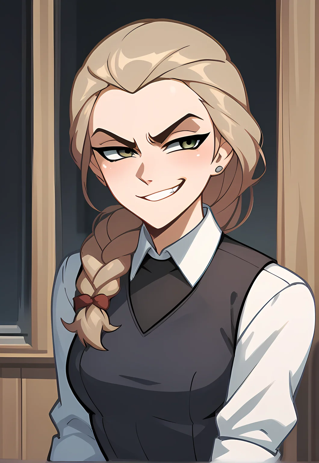score_9, score_8_up, score_7_up, score_6_up, score_5_up, score_4_up, source_anime
BREAK
katyastick, 1 girl, solo, white shirt, black vest, cowboy shot, smirk,
BREAK
<lora:Katya_Stick:0.7>