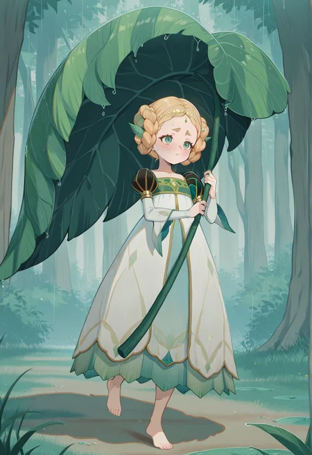 1girl, blonde hair, double bun, braided bun, thick eyebrows, green eyes, hair ornament, jewelry, white dress, puffy sleeves, long sleeves, outdoors, forest, walking, barefoot, ankle, forehead jewel, rain, ground pound, leaf umbrella, one leg up <lora:Hewynn_AFK:1>, masterpiece, best quality, amazing quality, very aesthetic, absurdres, highres, newest