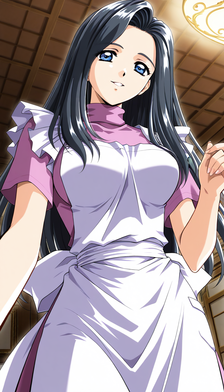 masterpiece, best quality, good quality,  <lora:Nami_Koihime_IS:1>Nami_Koihime, long hair, breasts, black hair, medium breasts,blue eyes, large breasts, 1990s (style), foreheadã
 1girl, white apron, smile, looking at viewer, solo, indoors, foreshortening, 
parted lips, short sleeves, ceiling, from below, fingernails, pink turtleneck, solo focus,