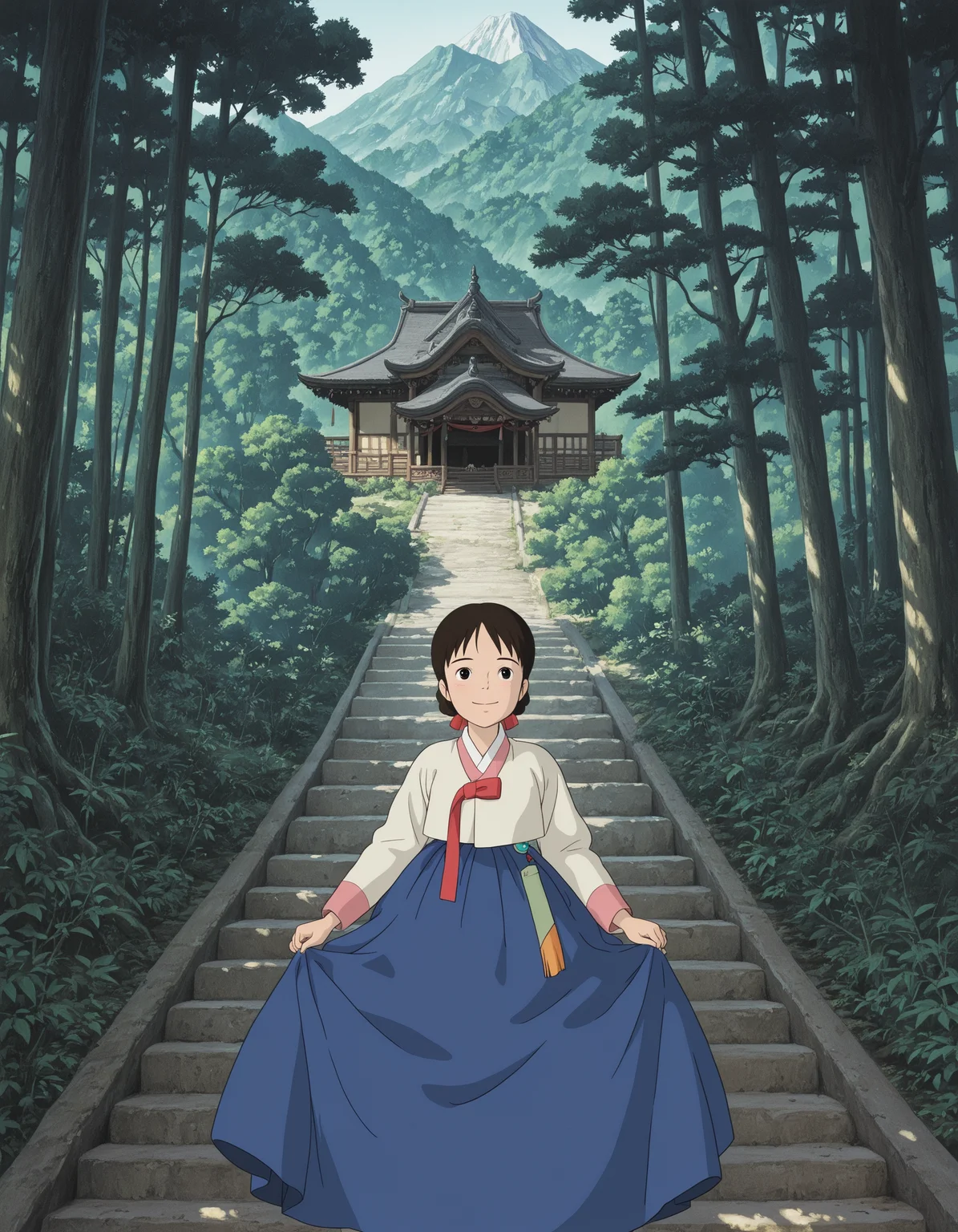 1girl, smiling, hanbok, traditional architecture, studio_ghibli, mountain, forest, masterpiece, best quality, amazing detail, high definition