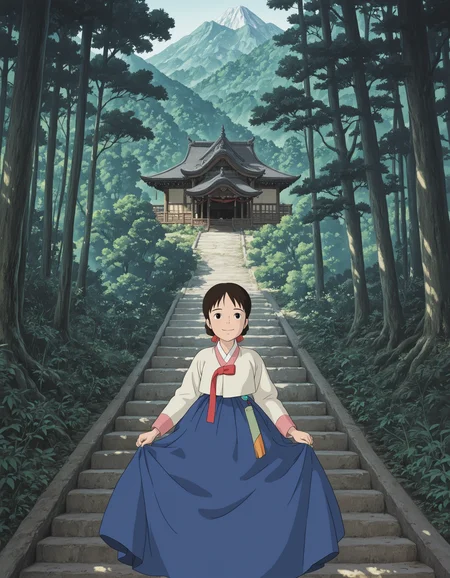 1girl, smiling, hanbok, traditional architecture, studio_ghibli, mountain, forest, masterpiece, best quality, amazing detail, high definition