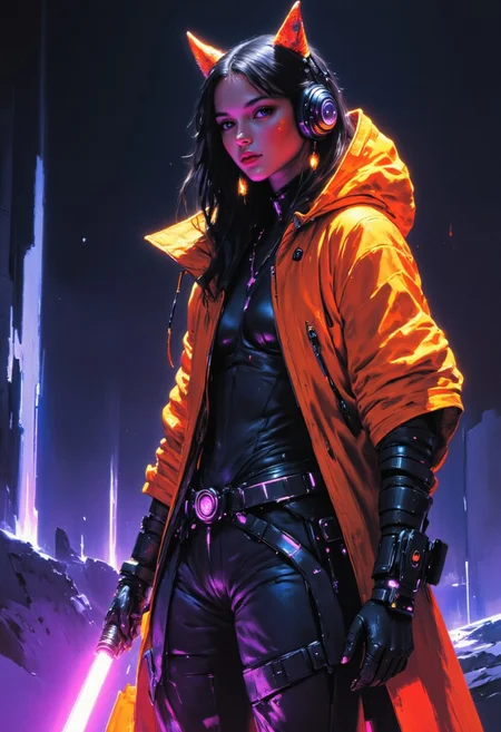 painted world, Comic art style, full body artwork of a Female augmented human with loose black and orange hair, punk clothes, holding a purple lightsaber, glowing-neon-trim, cyberpunk, portrait, glowing slit-pupil eyes, razr kitty style mechanical cat-ear headphones, cybernetic limbs, cyberpunk neon city background, rain, detail, Frank Frazetta fantasy oil painting