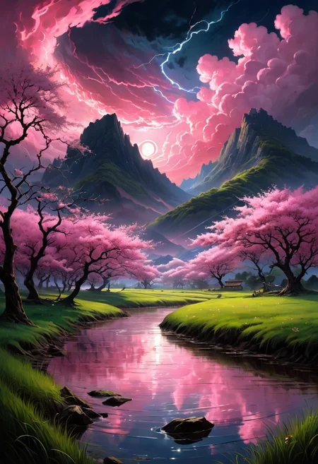 the storm is brewing in the sky, pink glow, sakura, (whirlwind of clouds), (night), slight fog, rain, (clouds spinning), (fisheye lense), moonlight, (tall grass), (very strong wind), (mountaintops), (busy clouds), atmospheric, (reflections), [romantic impressionism, epic scenery art, beautiful oil matte painting, intense, beautiful digital painting, anime landscape, epic painting, dreamlike digital painting, colorful painting, beautiful gorgeous digital art
