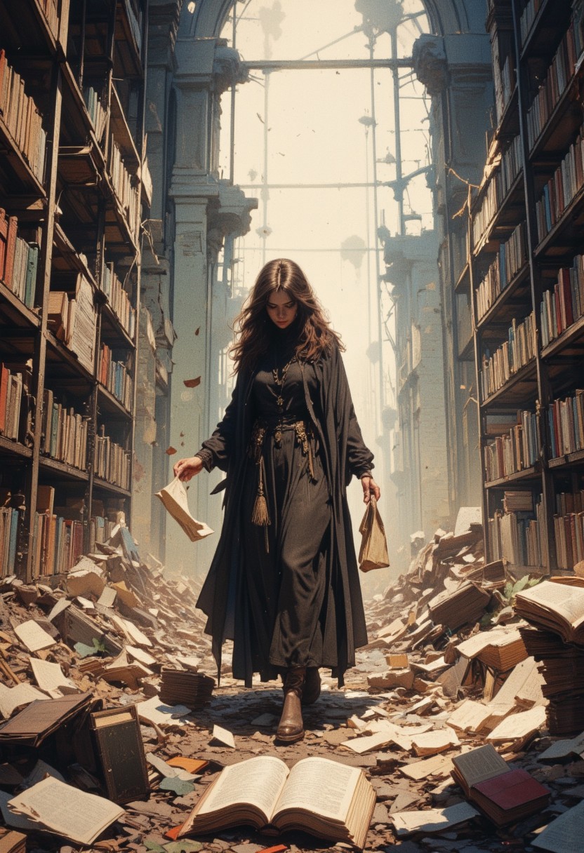 A haunting yet inspiring scene of a mysterious woman wandering through the ruins of an abandoned, partly destroyed library in a post-apocalyptic world. She carefully collects scattered pages and hidden books, preserving knowledge for future generations. Her solemn appearance is framed by crumbling shelves and dust-filled sunlight streaming through shattered windows, creating an atmosphere of silent determination amidst decay.