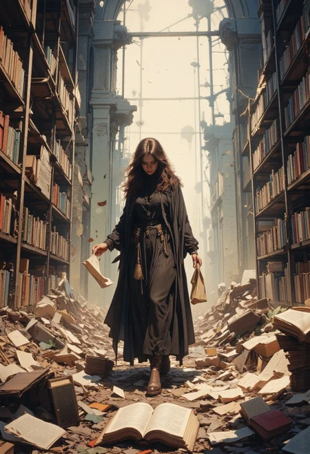 A haunting yet inspiring scene of a mysterious woman wandering through the ruins of an abandoned, partly destroyed library in a post-apocalyptic world. She carefully collects scattered pages and hidden books, preserving knowledge for future generations. Her solemn appearance is framed by crumbling shelves and dust-filled sunlight streaming through shattered windows, creating an atmosphere of silent determination amidst decay.