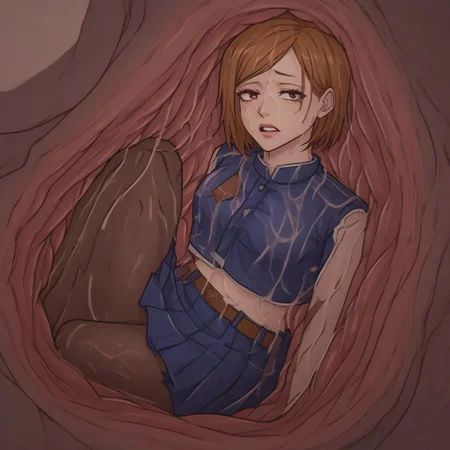 <lora:internal_snake_vore:1>, snake,vore, internal view, digesting, stomach acid, nobara kugisaki, bob cut, brown eyes, brown hair, lips, short hair, belt, brown belt, brown pantyhose, crop top, crop top overhang, jujutsu tech uniform, pantyhose, pleated skirt, shirt tucked in, skirt, blue skirt, blue crop top,