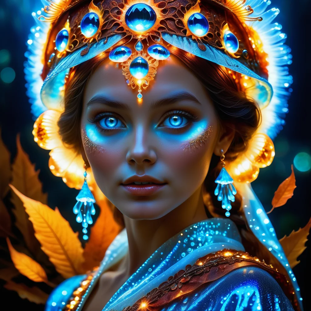 Jed-Bwtrspkl, <lora:BioWaterSparkleStyle:1>, Jed-dtl, <lora:Jedtailer:0.5>, photograph, Macanese Girl, dressed in fall headwear, Rust Glowing Blue Eyes, Sunny, wildlife, political satire, best quality, mystical and folkloric, cinematic atmosphere, beautiful, luxurious, beautiful detailed supreme quality color intricate, winning, shiny, great composition