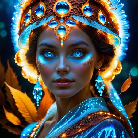 Jed-Bwtrspkl, <lora:BioWaterSparkleStyle:1>, Jed-dtl, <lora:Jedtailer:0.5>, photograph, Macanese Girl, dressed in fall headwear, Rust Glowing Blue Eyes, Sunny, wildlife, political satire, best quality, mystical and folkloric, cinematic atmosphere, beautiful, luxurious, beautiful detailed supreme quality color intricate, winning, shiny, great composition