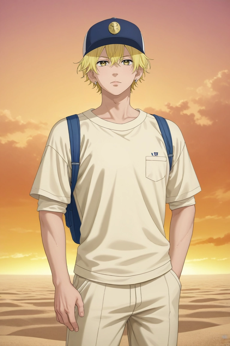 score_9, score_8_up, score_7_up, , rating_safe, intricate details, (photorealistic:0.6), looking at viewer, 1boy, solo, male focus, <lora:kai_miura_pony:0.9>, kai_miura, blonde hair, yellow eyes, short hair, bangs, hair between eyes, earrings, , baseball cap, sand citadel, sandstone walls, heat towers, oasis rooms, guard pose, vigilant expression, sunset, Linen-cotton trousers, Polo shirt, Monk strap boots, ,, <lora:sdxl_lightning_8step_lora:1>