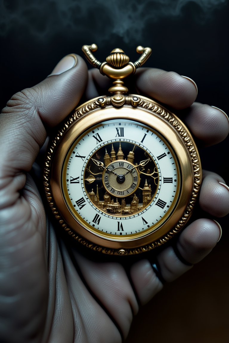 Faeothic, A cracked, ornate pocket watch held by a wrinkled, gloved hand, with liver spots, revealing a miniature, eerily frozen moment in time, with tiny, gilded figures moving within the intricately engraved dial, surrounded by subtle, wispy fog.