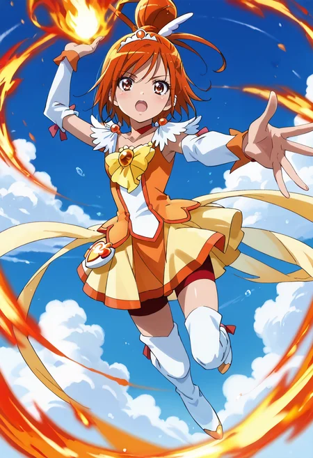 score_9,score_8_up,score_7_up,official art,shiny skin,beautiful hands,1girl,solo,curesunny,
looking_at_viewer,looking up,serious,blush,open mouth,spike,spread_fingers,spread arm,jumping,flying,one_knee,(arm up:1.3),fire ball,holding fire ball,aerial,day,sky,<lora:curesunny.pony:1>,<lora:volleyball-spike-ponyxl-lora-nochekaiser:0.7>,zPDXL3,