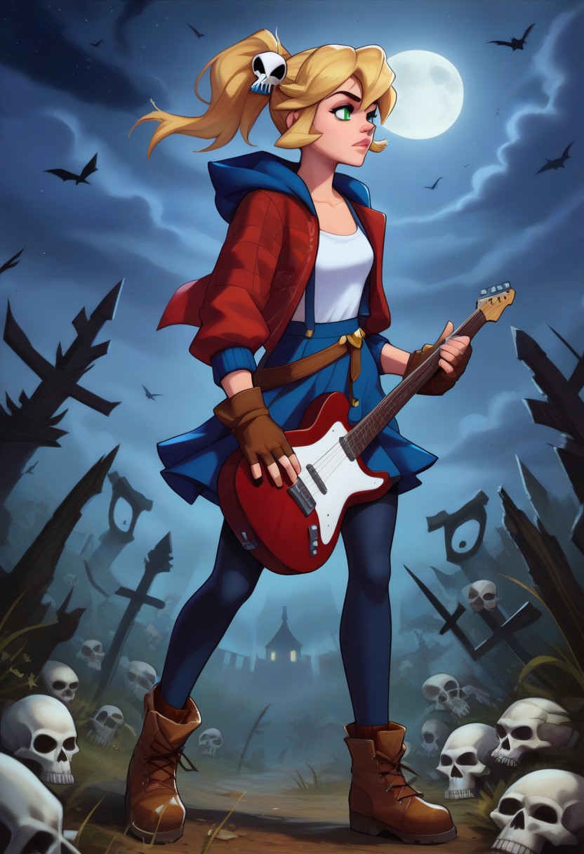 score_9, score_8_up, score_8, 1girl, electric guitar, holding guitar, field of view, dynamic pose, dynamic angle, detailed backgrounding , standing in crypt, dark crypt, nighttime, moonlight, 
rift cadence, rift cadence, solo, skirt, blonde hair, shirt, hair ornament (skull), gloves, green eyes, jacket, suspenders, ponytail, pantyhose, boots, open clothes, belt, hood, fingerless gloves, open jacket, blue skirt, brown footwear, red jacket, brown gloves, (masterpiece, detailed:1.2), Dark Fantasy page